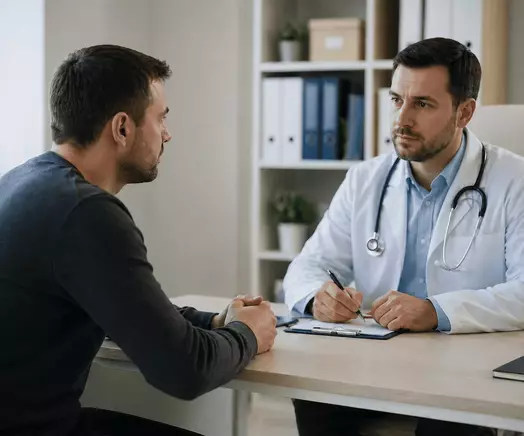 мужчина с пивным алкоголизмом сидит у врача